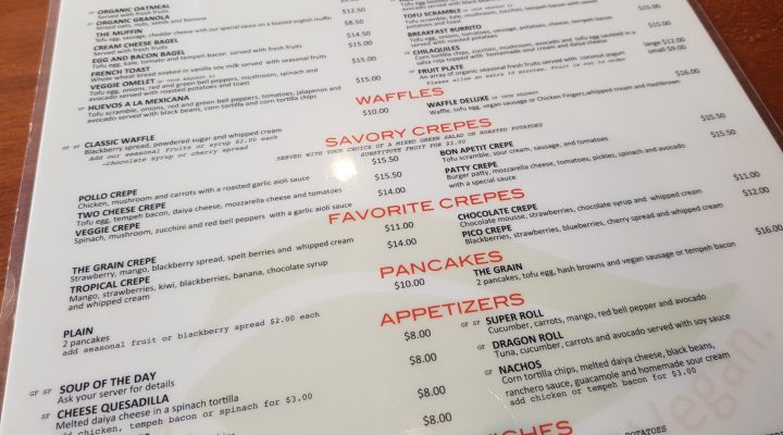 Gluten free marked menu at the GRAIN CAFE