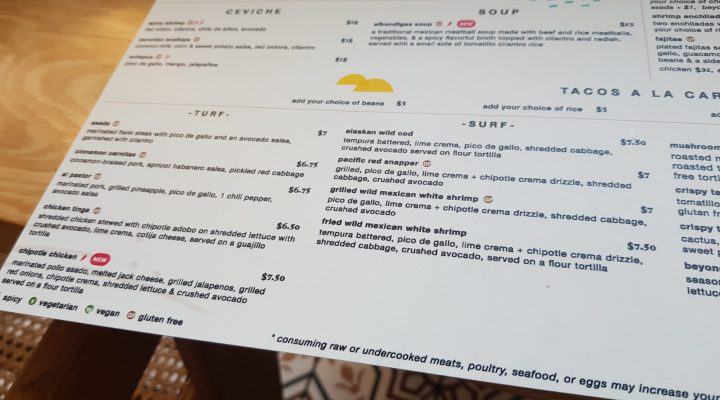 Gluten free marked menu at VIDA